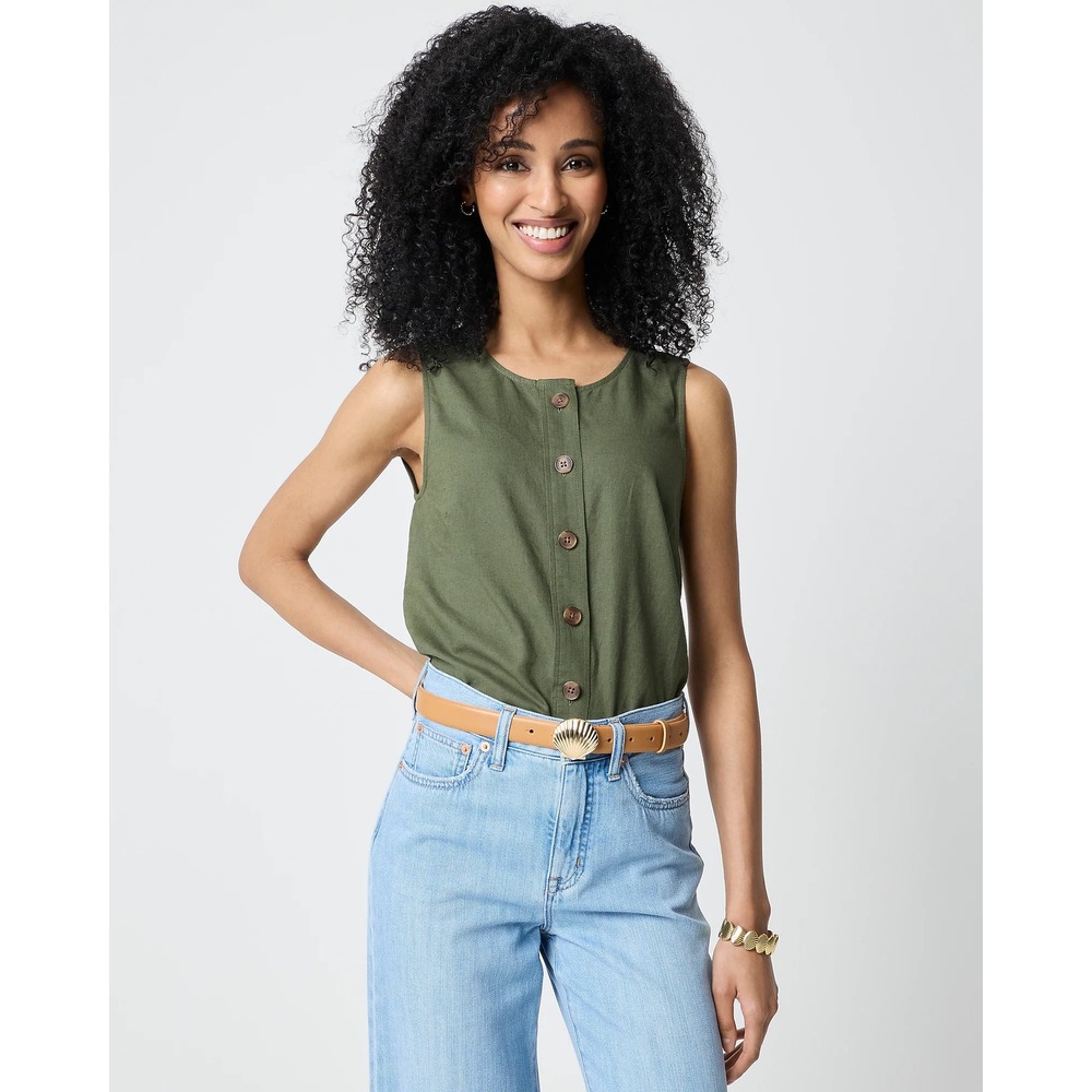 J.Crew XS Olive Green Linen Cotton Button Boho Shell Tank Top Lagenlook Costal